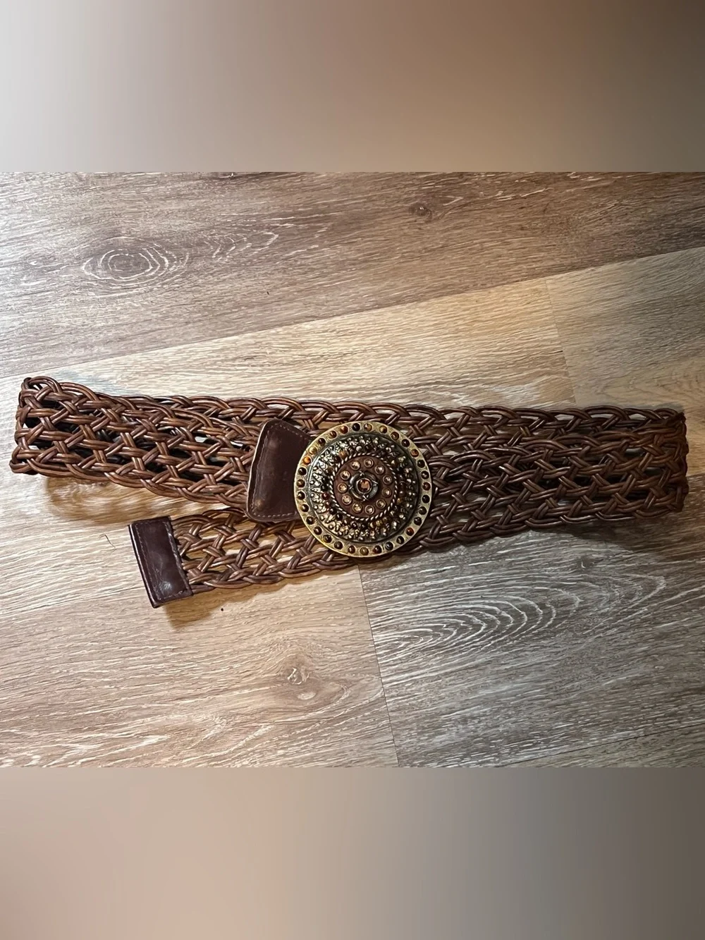 Leatherock belt Braided Brown Leather Waist Belt with Decorative Medallion